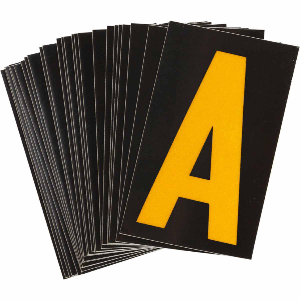 Product image for 5000 Series Reflective Number and Letter Labels, 2.875" H x 1.75" W, Pack of 25 Labels, Yellow on Black, A