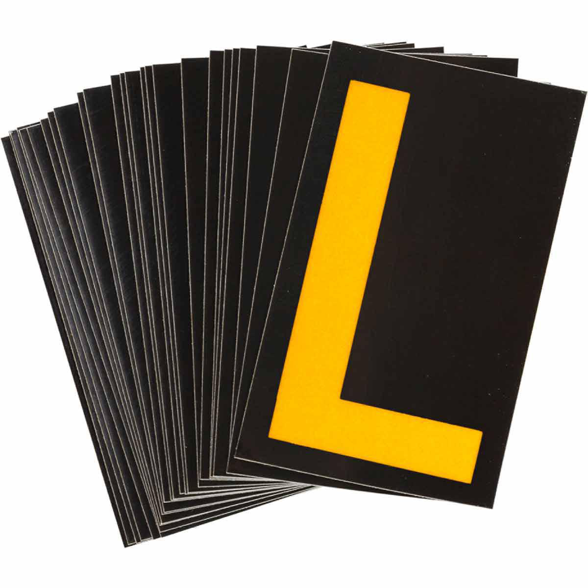 Product image for 5000 Series Reflective Number and Letter Labels, 2.875" H x 1.75" W, Pack of 25 Labels, Yellow on Black, L