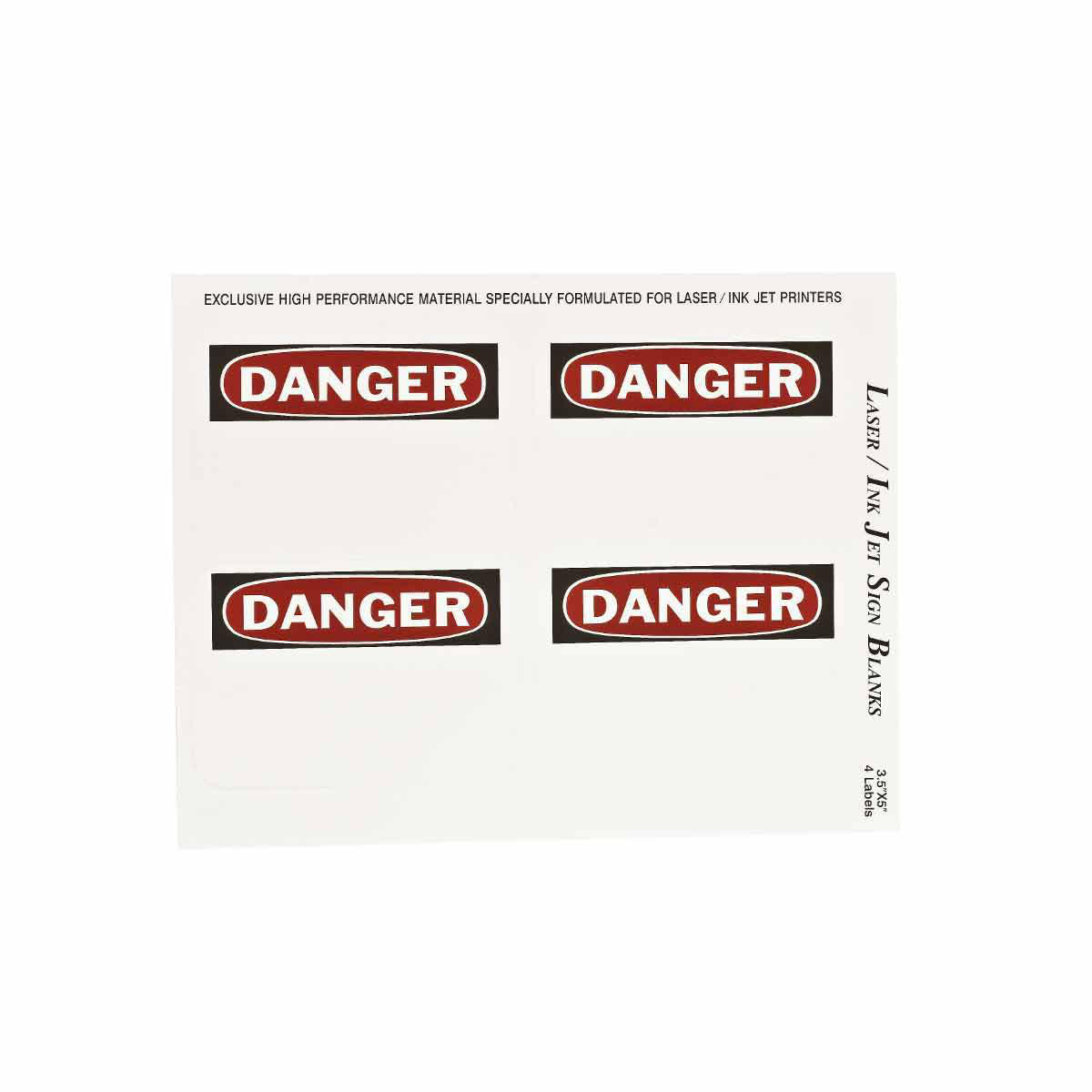 Product image for Laser Printable Polyester DANGER Sign and Label Blanks, 3.5" H x 5" W, Pack of 25 Sheets, Black/Red on White