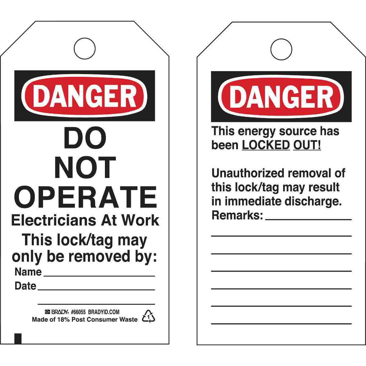 Product image for Lockout Tags: DANGER: DO NOT OPERATE Electricians At Work, Unauthorized removal of this lock/tag may result in discharge, Paper