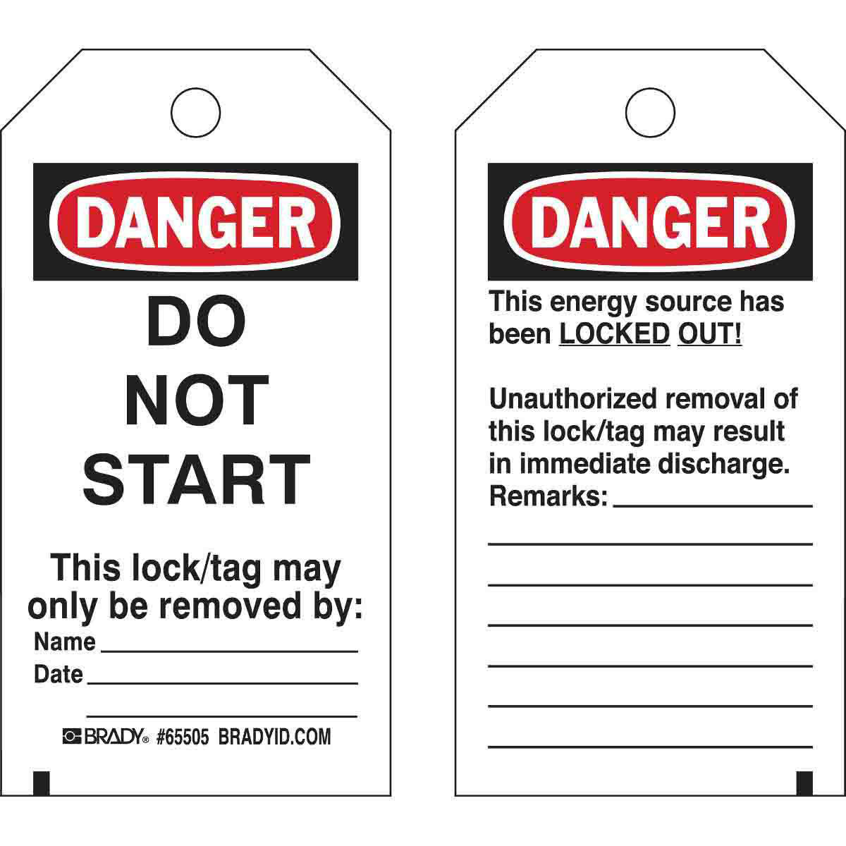 Product image for Lockout Tags: DANGER: DO NOT START This lock/tag may only be removed by: Name__Date__, Not Laminated