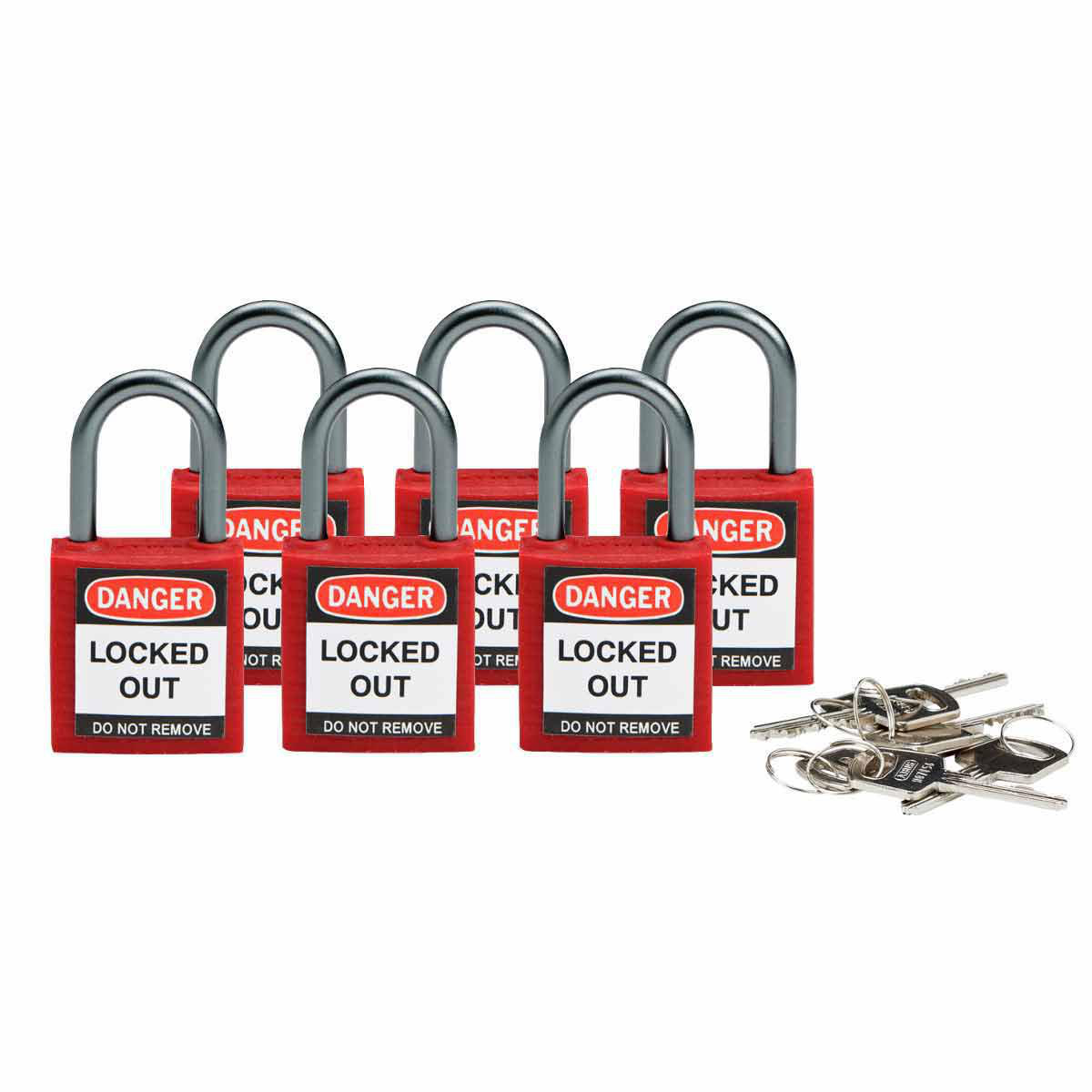 Product image for Padlock safety keyed different plastic red 1-1/5x5/8x1-2/5"