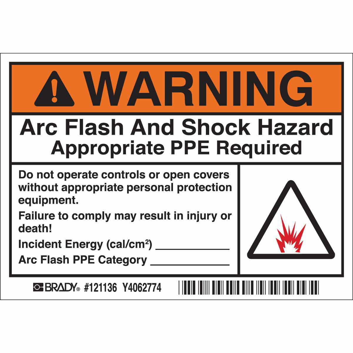 Product image for Arc Flash Labels - Adhesive Vinyl, 3.5" H x 5" W x 0.004" D, Pack of 5 Labels, Black/Orange on White, Includes Pictogram