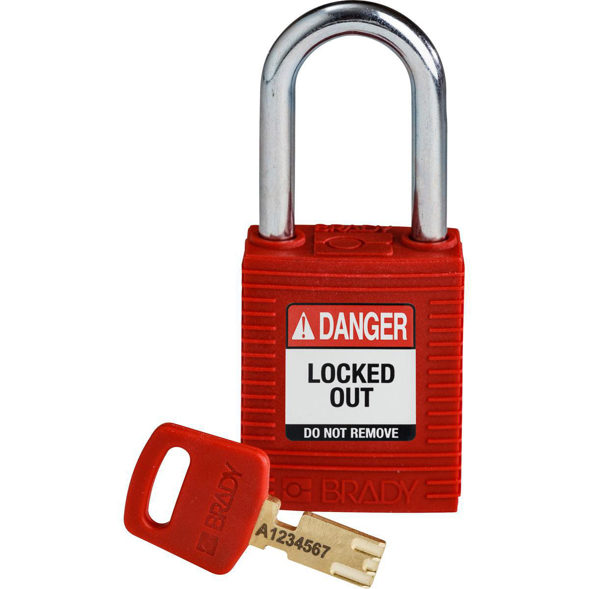 Product image for Brady SafeKey Lockout Padlock Nylon Red 1.5" Steel Shkl Keyed Different
