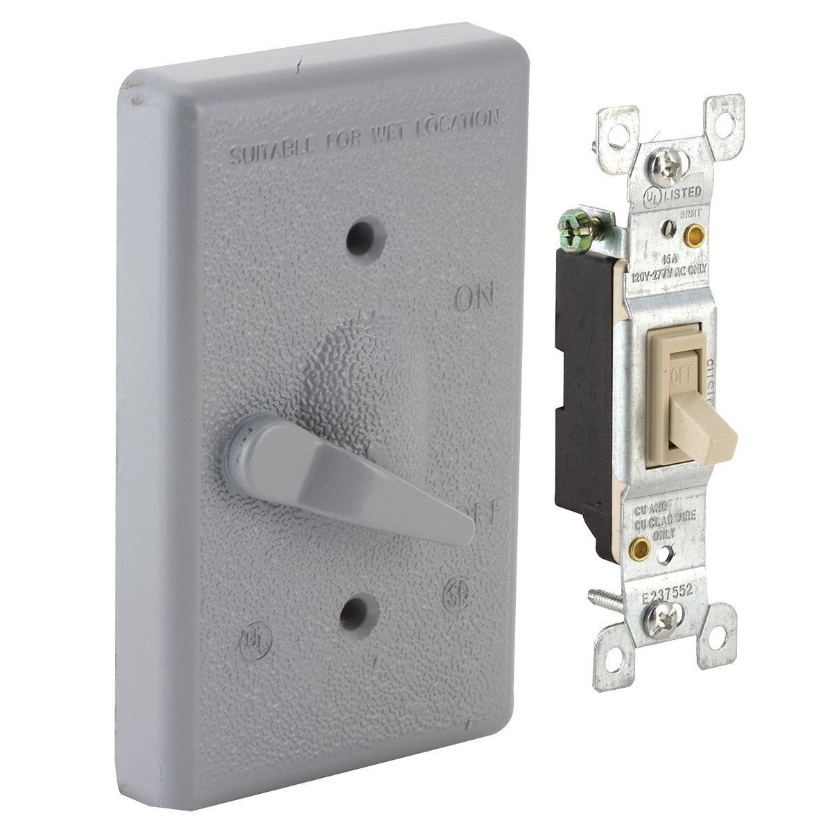 Product image for RACO 5121-0 COVER 1GANG VERTICAL WP COVER TOGGLE SP 15A GREY