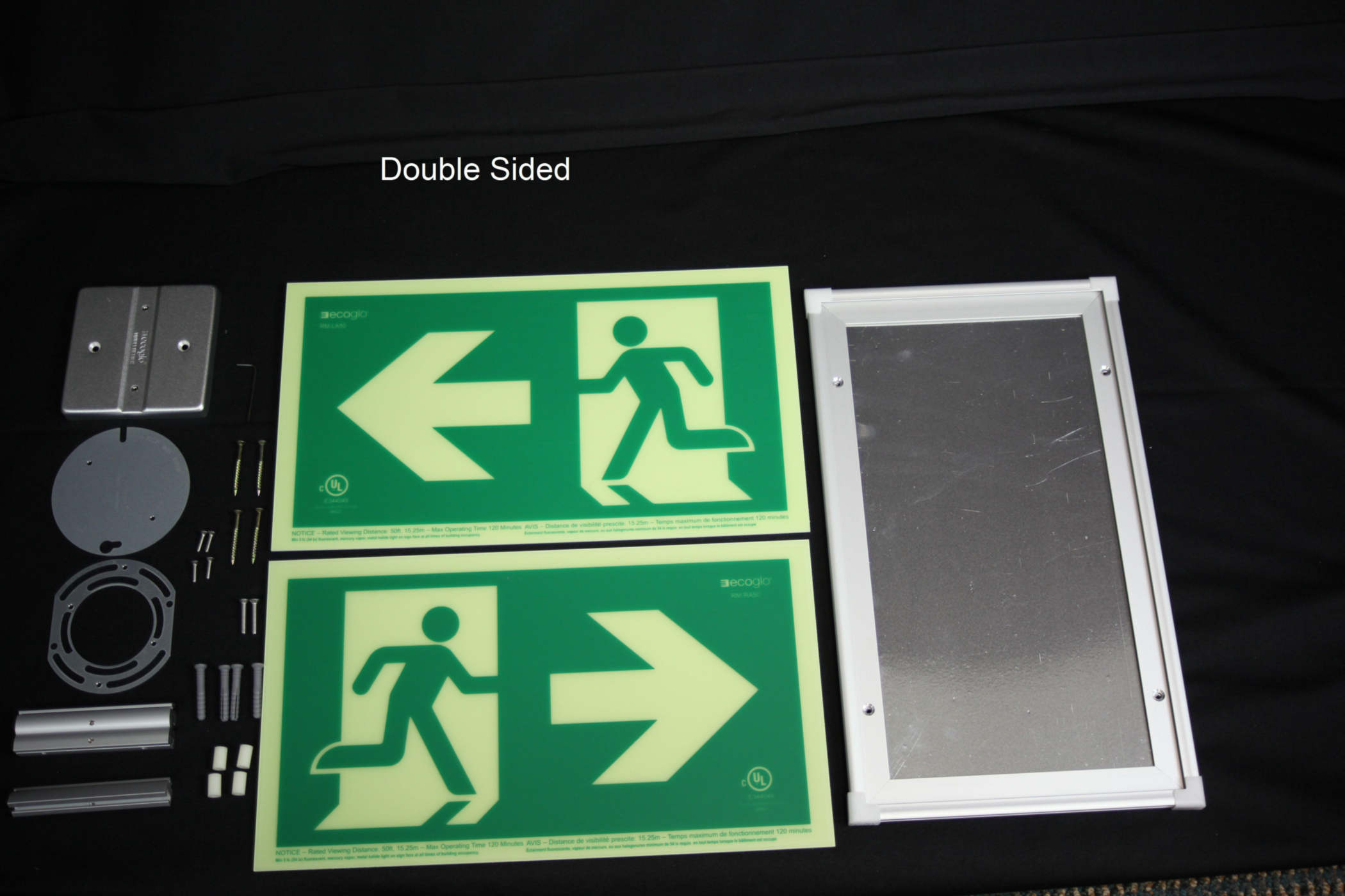 Product image for ECOGLO RM-SA50-CA EXIT SIGN PHOTOLUMINESCENT RUNNING MAN DOUBLE SIDED SINGLE DIRECTION W/ ARROWS C/W ALUM FRAME/ MOUNTING KIT
