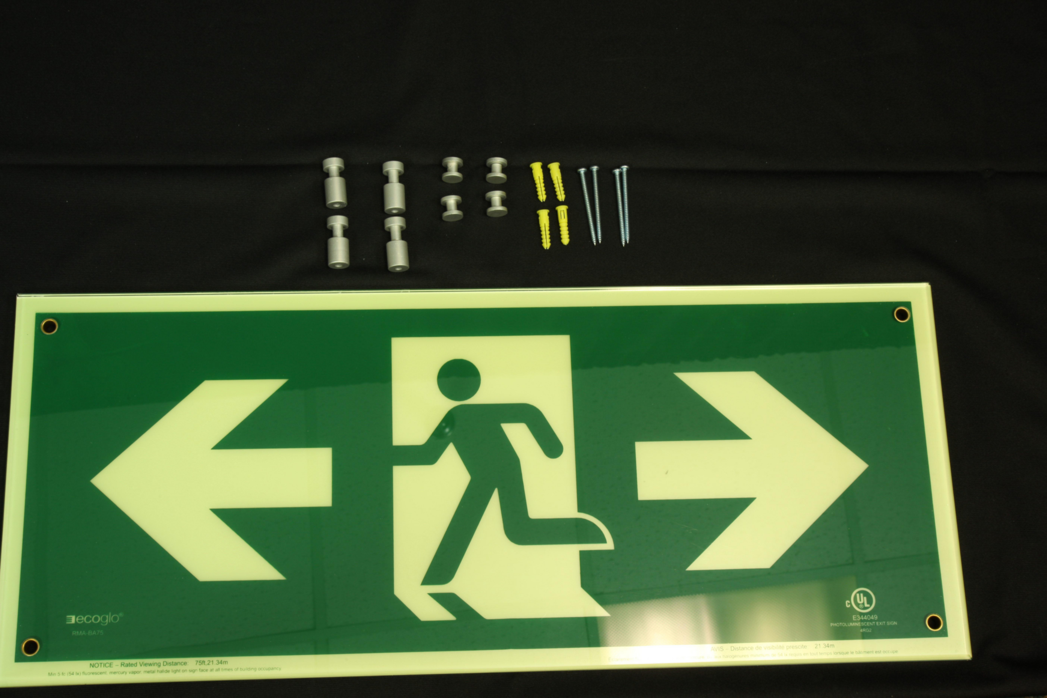 Product image for ECOGLO RMA-BA75WALL EXIT SIGN RUNNING MAN WITH BI-DIRECTIONAL ARROWS PHOTOLUMINESCENT 75FT VISIBILITY