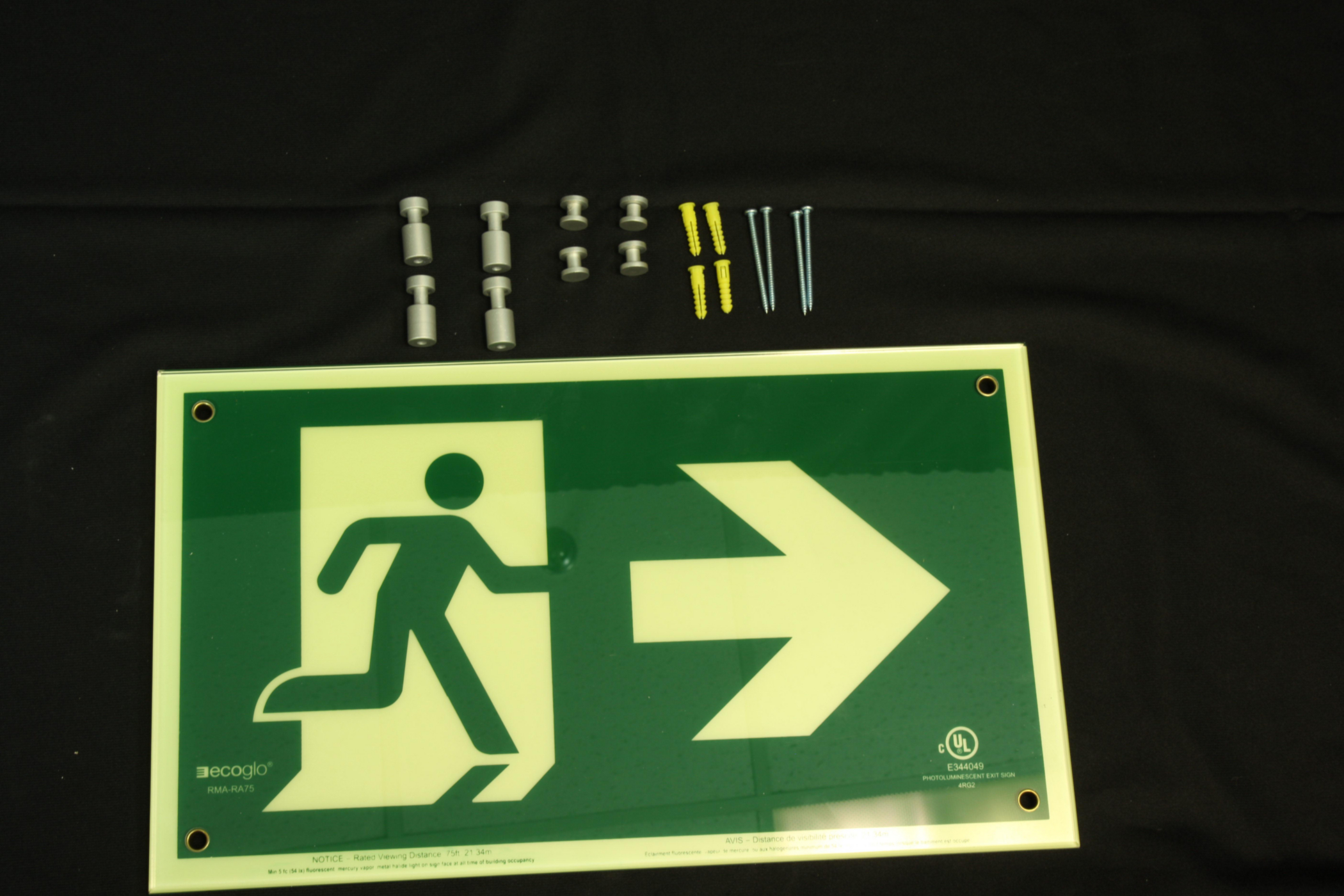 Product image for ECOGLO RMA-RA75WALL EXIT SIGN RIGHT FACING RUNNING MAN WITH ARROW PHOTOLUMINESCENT 75FT VISIBILITY