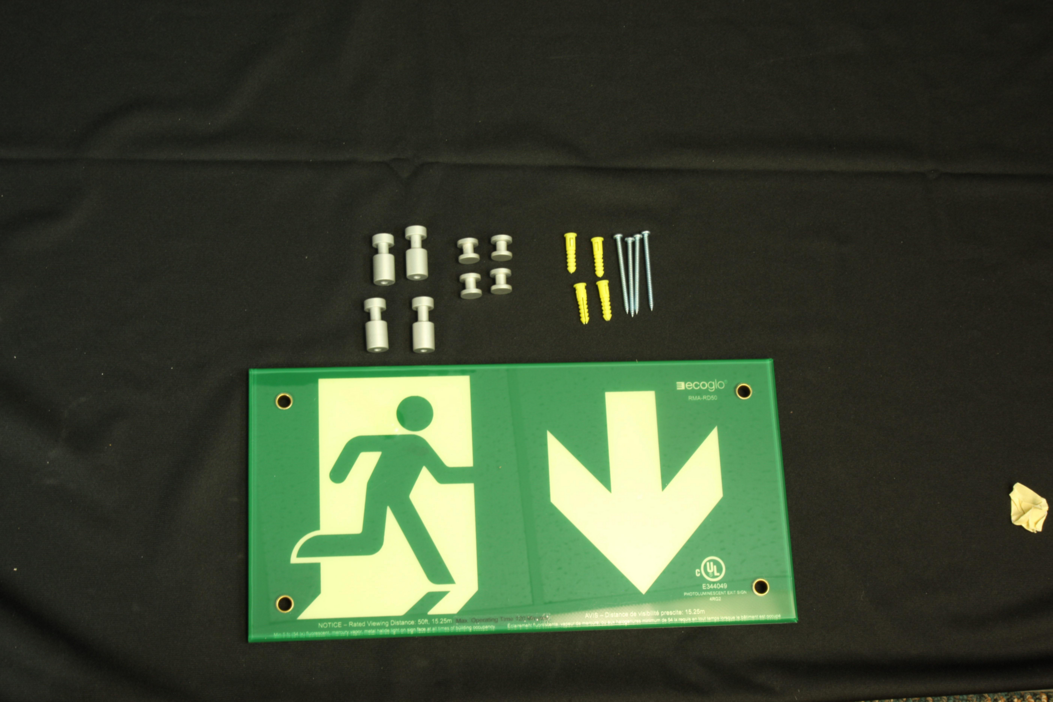 Product image for ECOGLO RMA-RD50WALL EXIT SIGN RIGHT RUNNING MAN PHOTOLUMINESCENT WITH DOWN ARROW 50FT VISIBILITY