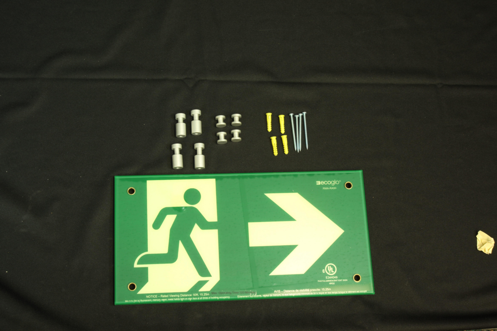 Product image for ECOGLO RMA-RA50WALL EXIT SIGN RIGHT RUNNING MAN PHOTOLUMINESCENT WITH ARROW 50FT VISIBILITY