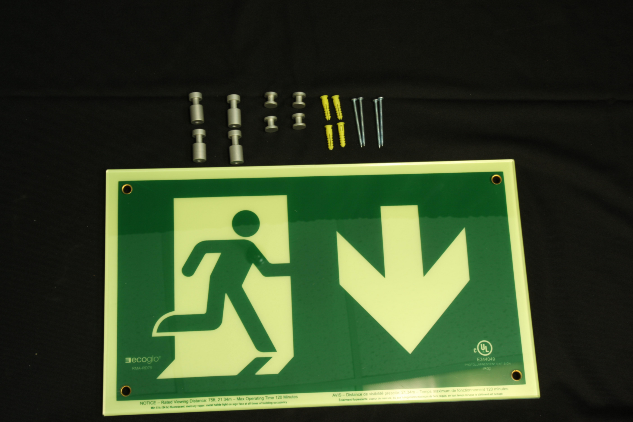 Product image for ECOGLO RMA-RD75WALL EXIT SIGN RIGHT FACING RUNNING MAN WITH DOWN ARROW WALLMOUNT PHOTOLUMINESCENT 75FT VISIBILITY SINGLE FACE