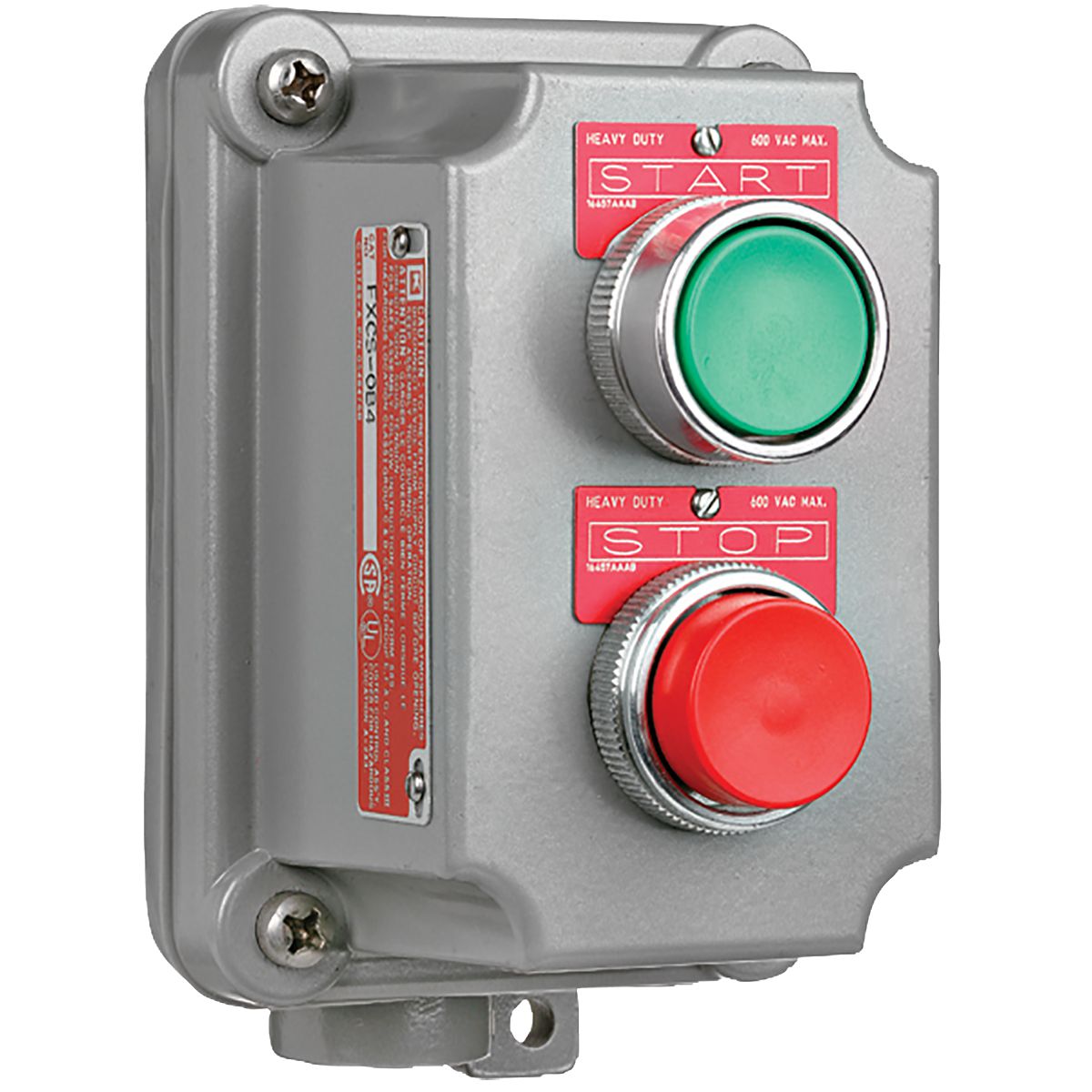 Product image for FXCS Series - Aluminum Momentary Contact Double Push Button Cover With Device - Factory Sealed - Green Button With "Start" Nameplate - Red Button With "Stop" Nameplate - 1NO/1NC Contact Rating