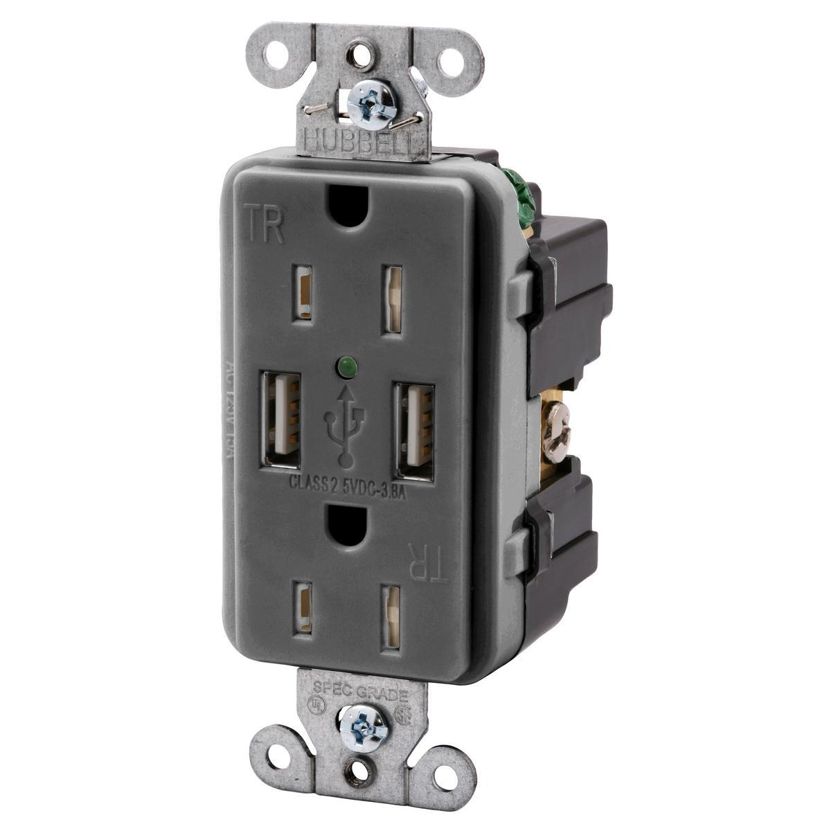 Product image for Receptacle duplex specification grade tamper-resistant 15A 125V 3A 5V USB grey