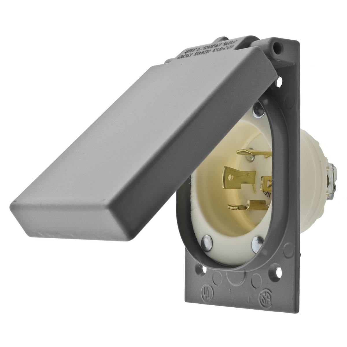 Product image for Locking Devices, Industrial, Flanged Inlet, 30A 125/250V, 3-Pole 4-Wire Grounding, L14-30P, Screw Terminal, White, With Weatherproof Cover