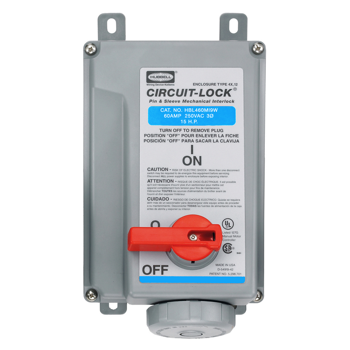 Product image for HUB HBL460MI9W INTERLOCK 60A 3POLE 4W 3PH 240V PIN&SLEEVE CIRCUIT LOCK MECHANICAL IEC NON FUSED