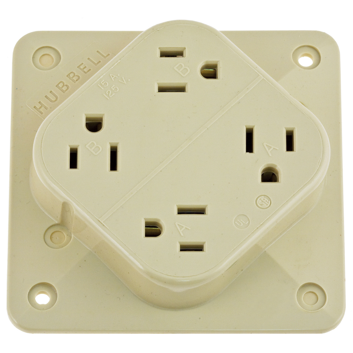 Product image for HUB HBL415I RECEPT SB 15A 2P 125V 4PLEX SPEC GRADE IVORY 0.5HP NEMA 5-15R W/OVER SIZED SCREWS