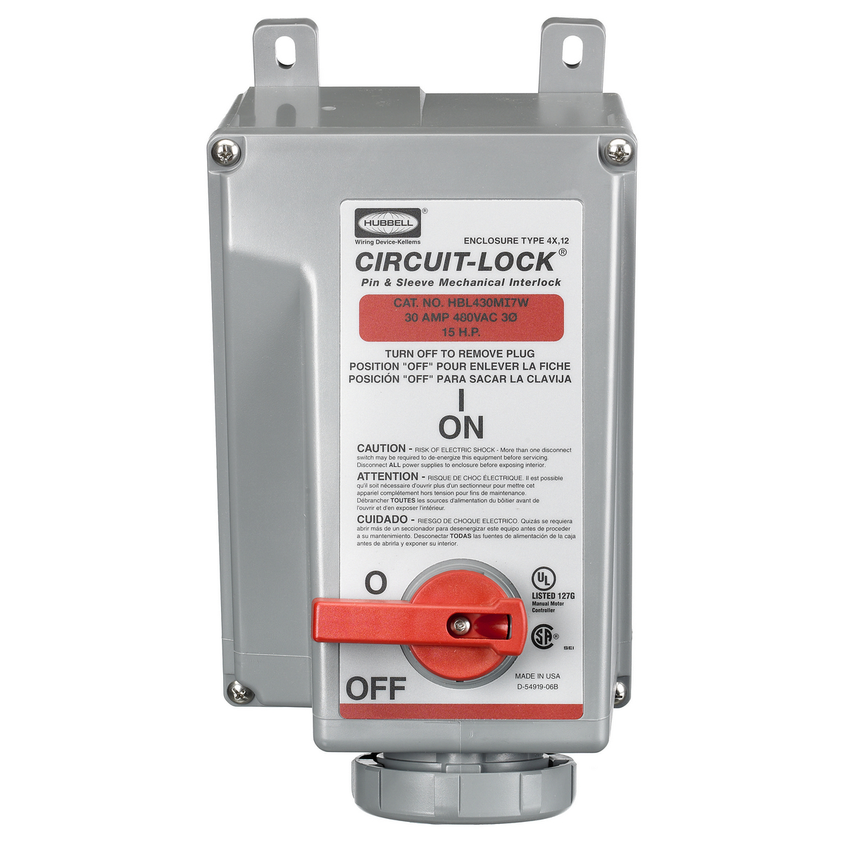 Product image for HUB HBL430MI7W RECEPTACLE PIN&SLEEV INTERLOCK 30A 3P 4W 3PH 480V IP67
