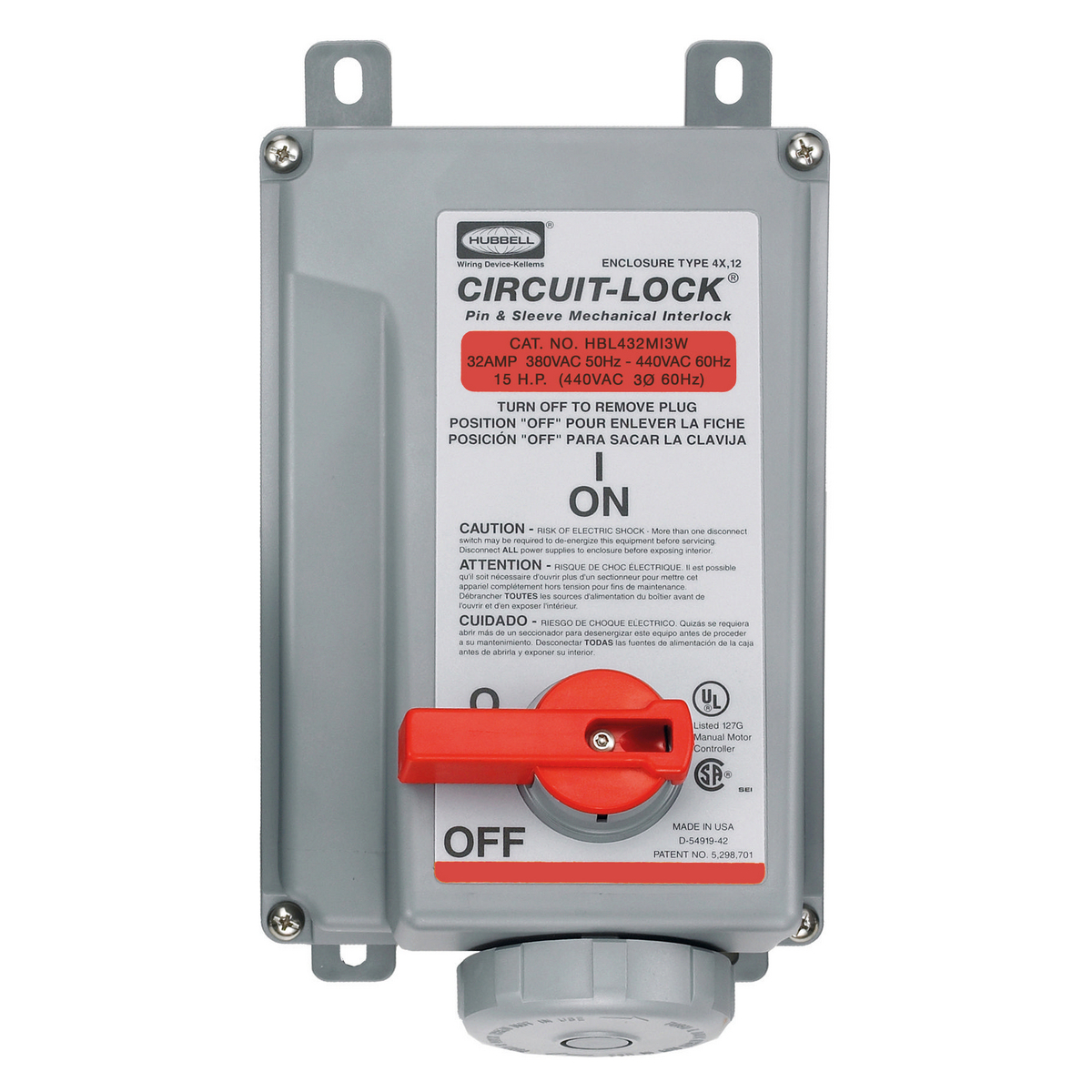 HUB HBL432MI3W RECEPTACLE P&SL 32A 3P4W 380V- 480V IEC WATERTIGHT INDUSTRIAL GRADE MECHANICALLY INTERLOCKED RED