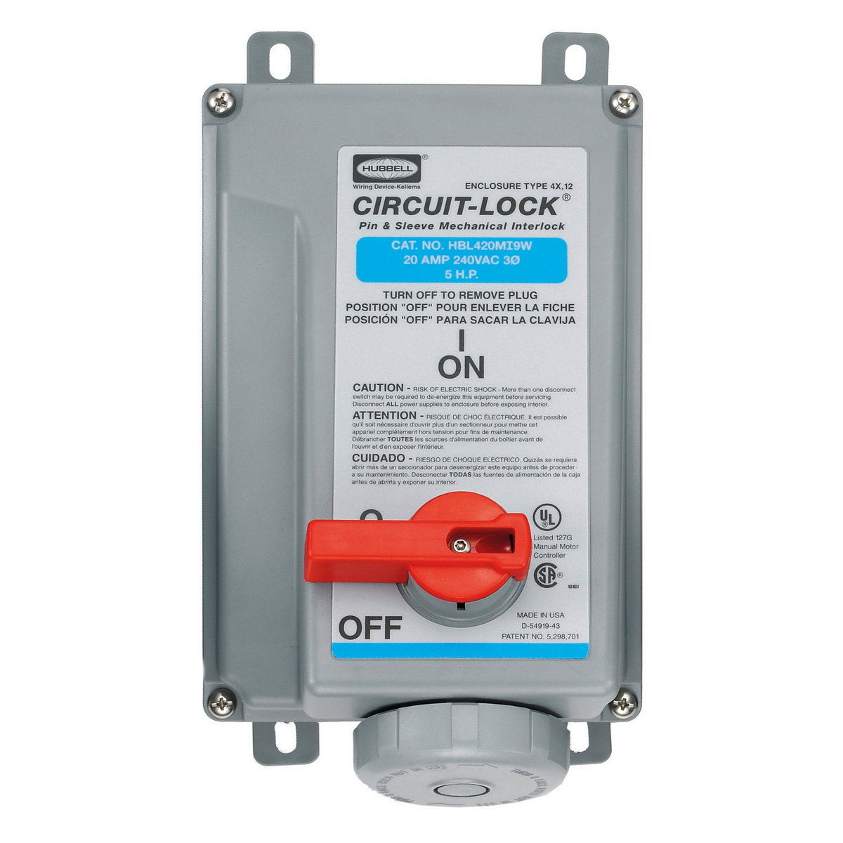Product image for Mechanical interlock 3 pole 4 wire 20A 240V unfused blue