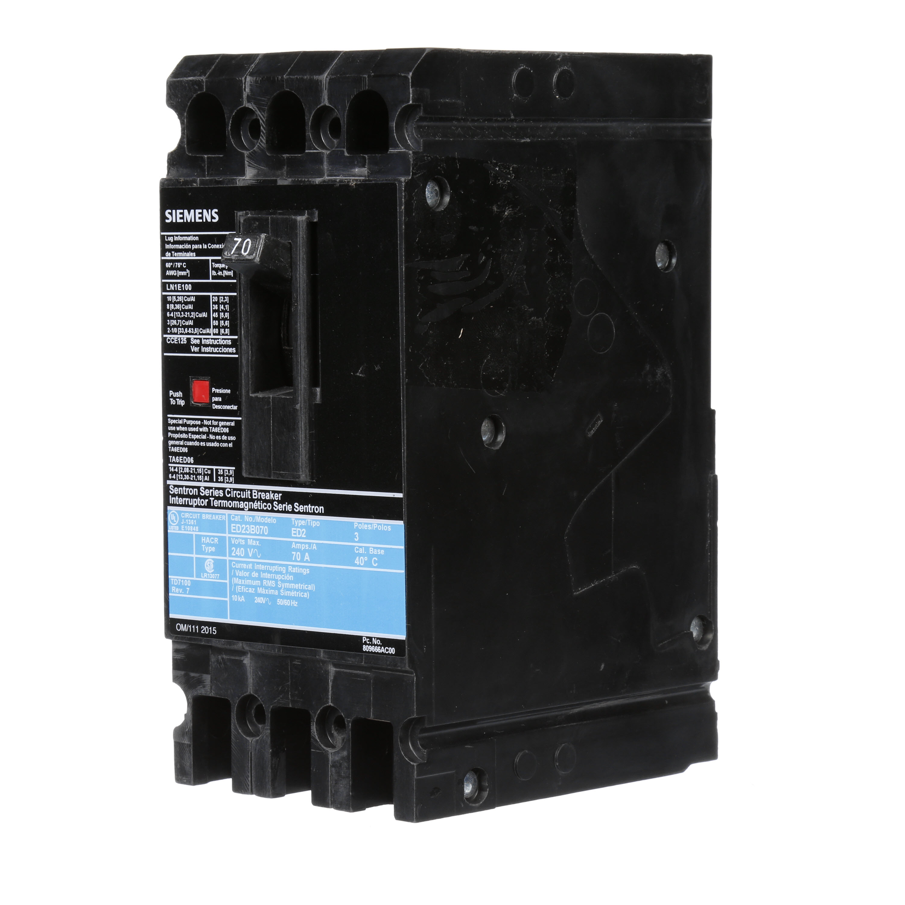 Product image for Breaker Sentron 3P 70A 208V typeED2-10KA-LUGS