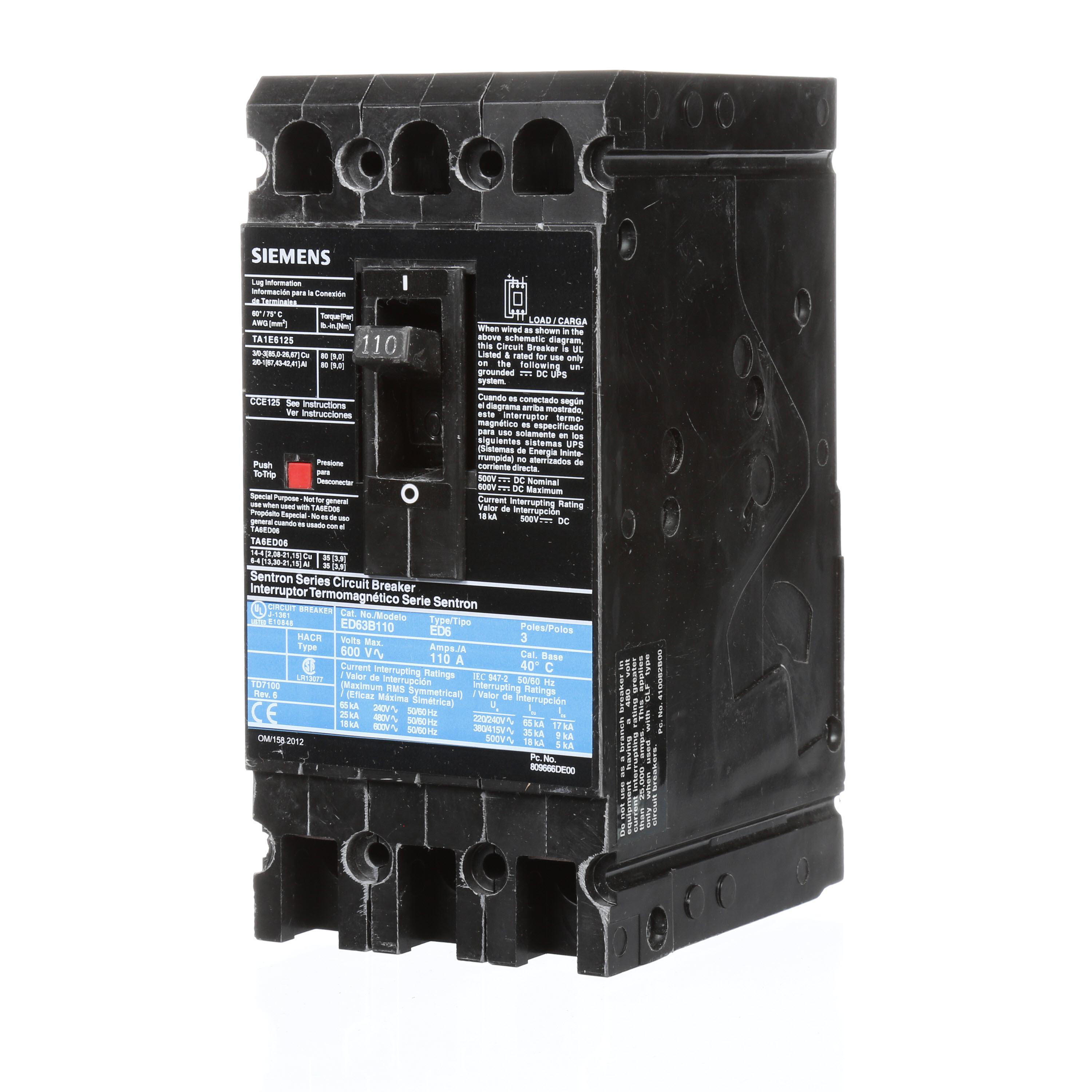 Product image for Breaker Sentron 3P 110A 600V typeED6-18KA
