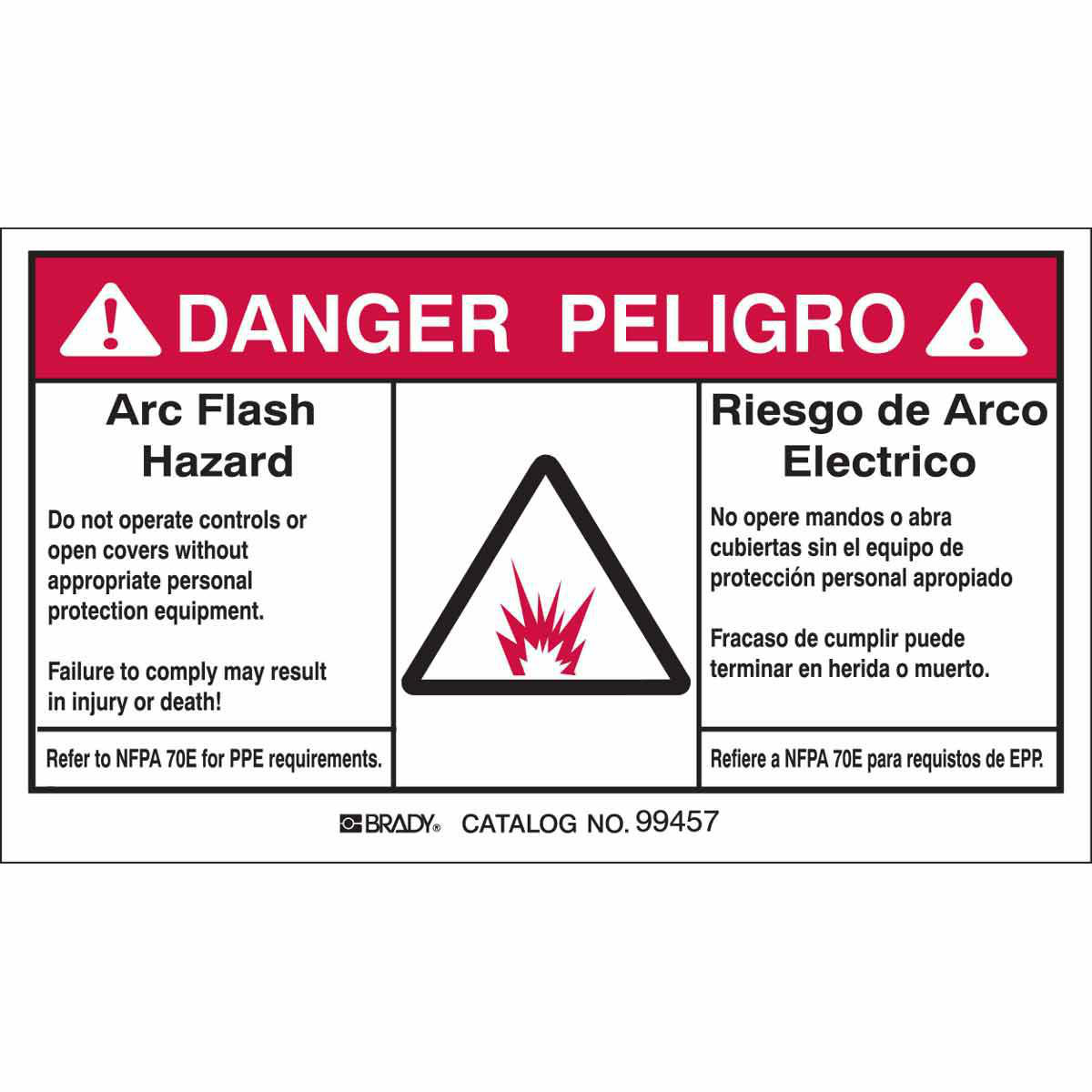 Product image for Arc Flash Labels, Arc Flash Hazard - Self-Sticking Polyester, English/Spanish Bilingual, Pack of 5 Labels, Black/Red on White