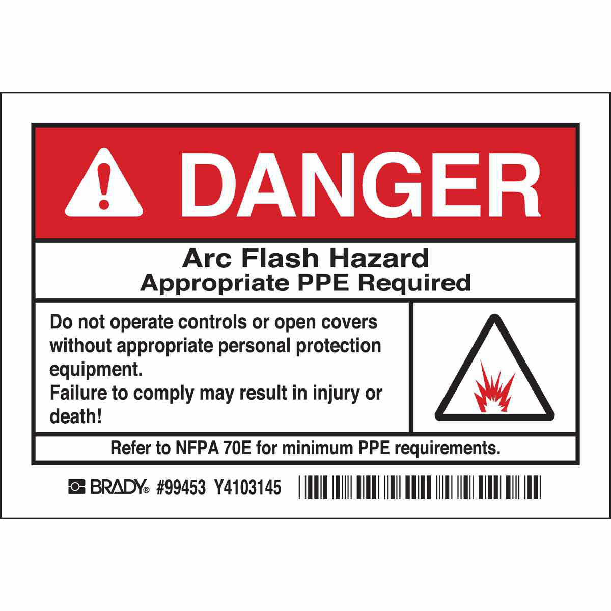 Product image for Arc Flash Labels, DANGER w/Pictogram- Self-Sticking Polyester, 3.5" H x 5" W x 0.006" D, Pack of 5 Labels, Black/Red on White