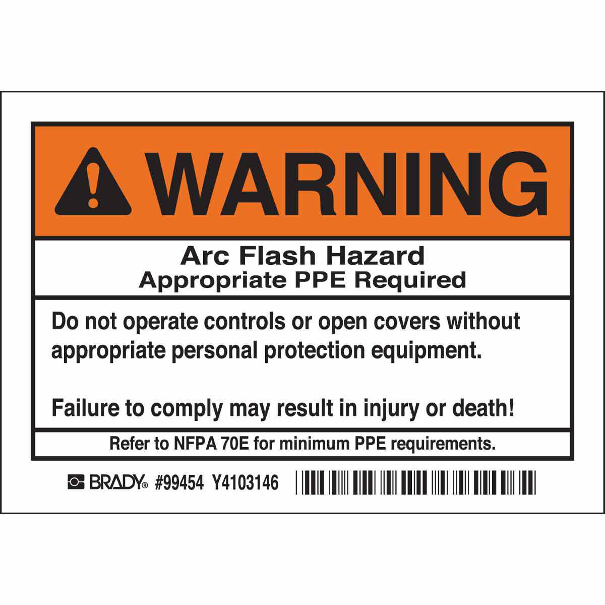 Product image for Arc Flash Labels - Do not operate controls w/o personal protection, 3.5" H x 5" W x 0.006" D, Pack of 5 Labels, Black/Orange on White