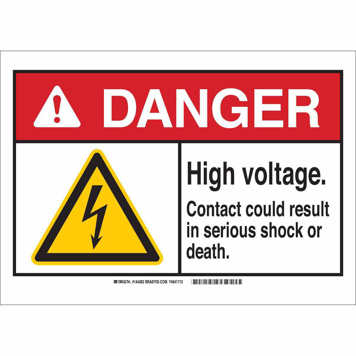 Product image for DANGER High Voltage. Contact Could Result in Serious Shock Or Death. Sign, 2.25" H x 4.5" W x 0.006" D, Polyester