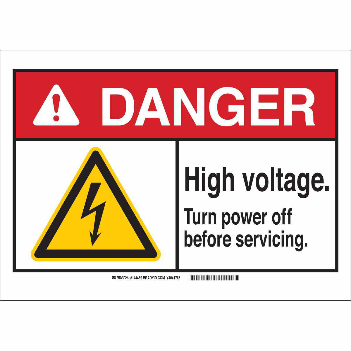 Product image for DANGER High Voltage. Turn Power Off Before Servicing. Sign, 3.5" H x 5" W x 0.006" D, Polyester, Black/Red on White