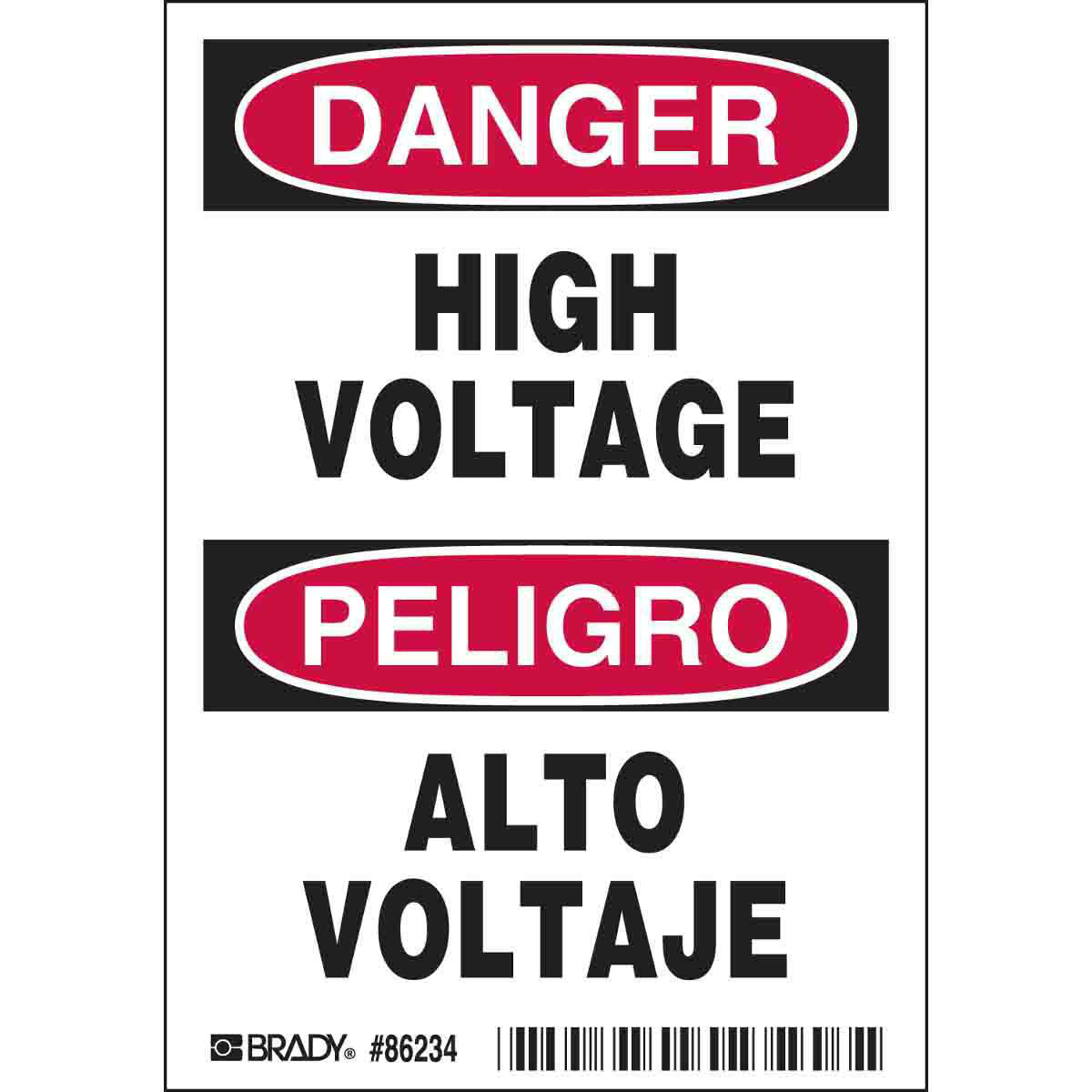 Product image for DANGER/PELIGRO HIGH VOLTAGE/ALTO VOLTAJE Labels, 5" H x 3.5" W x 0.006" D, Black/Red on White