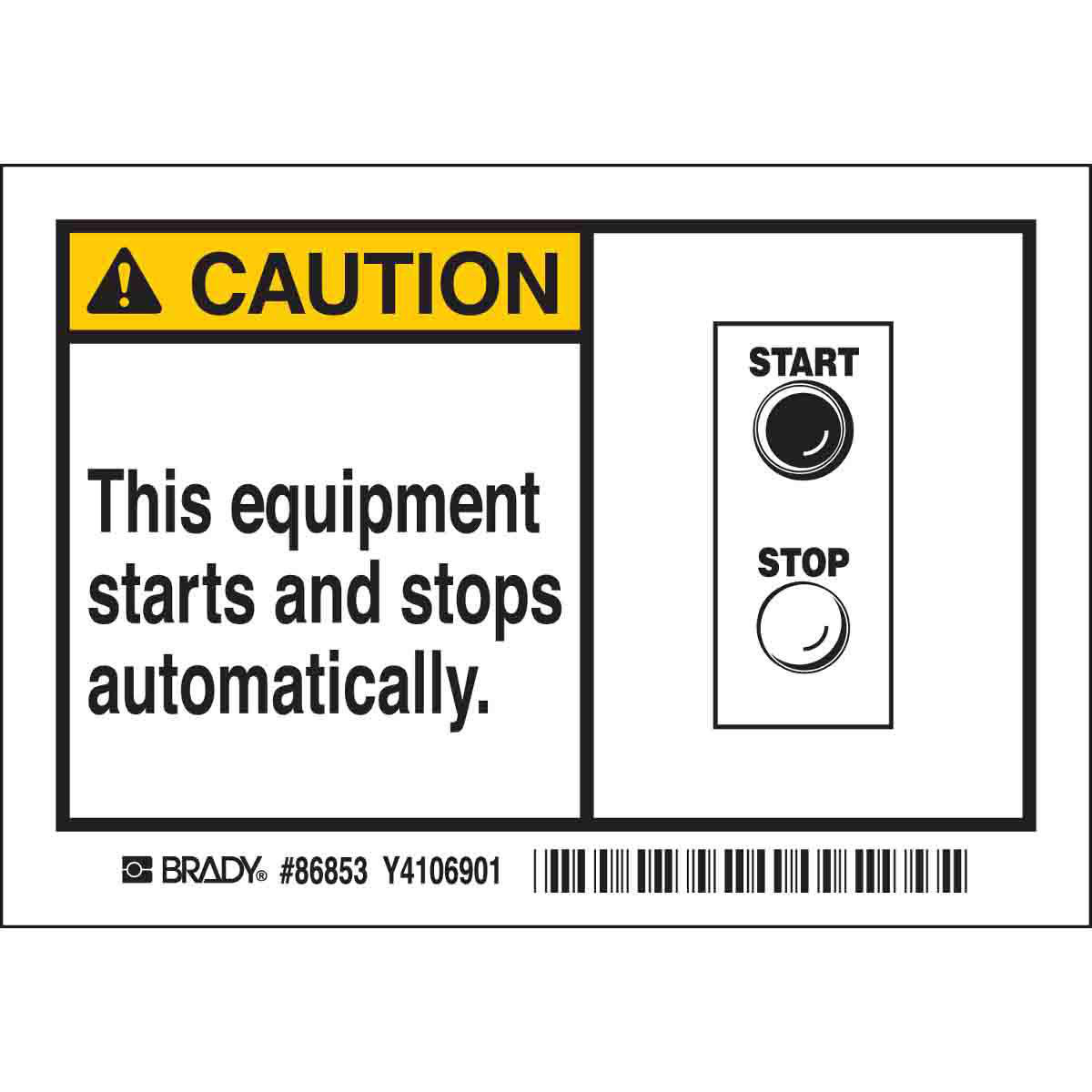 Product image for CAUTION This equipment starts and stops automatically. Labels, 3.5" H x 5" W x 0.006" D, Black/Yellow on White