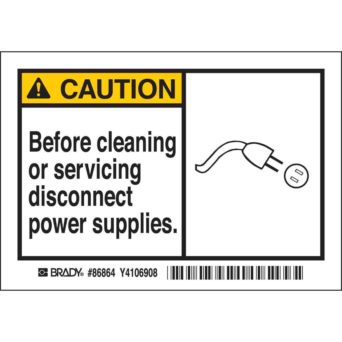 Product image for CAUTION Before Cleaning Or Servicing Disconnect Power Supp Labels, 3.5" H x 5" W x 0.006" D, Black/Yellow on White