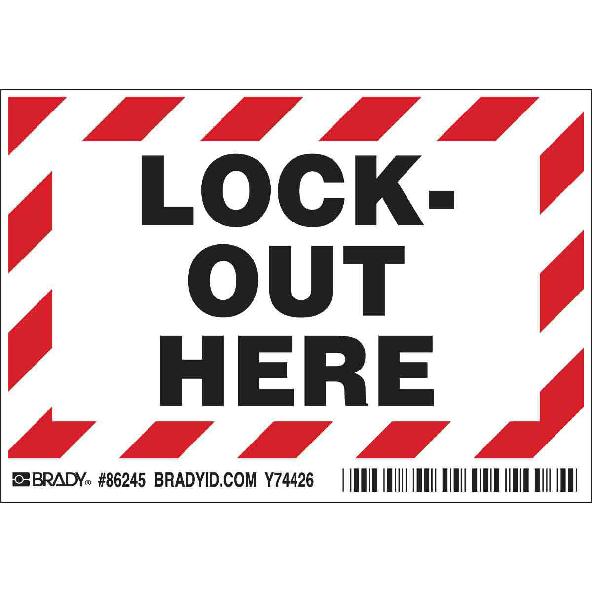 Product image for LOCK-OUT HERE Labels, 3.5" H x 5" W x 0.006" D, Black/Red on White