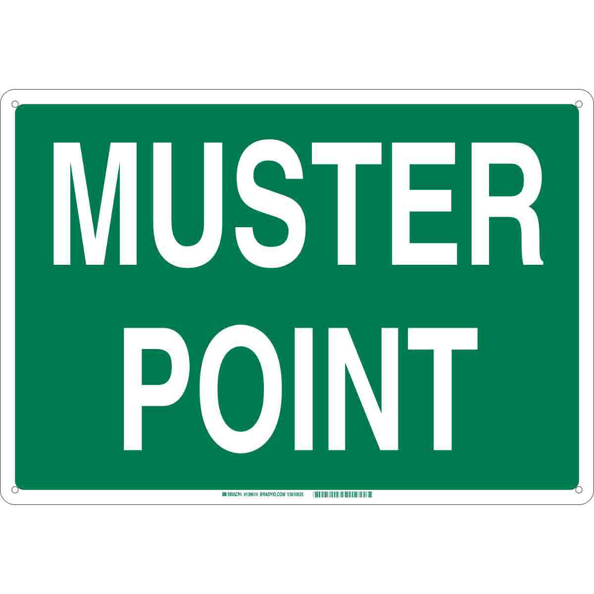 Product image for Muster Point Sign, 14" H x 20" W x 0.06" D, Green on White, Polystyrene, Text Only