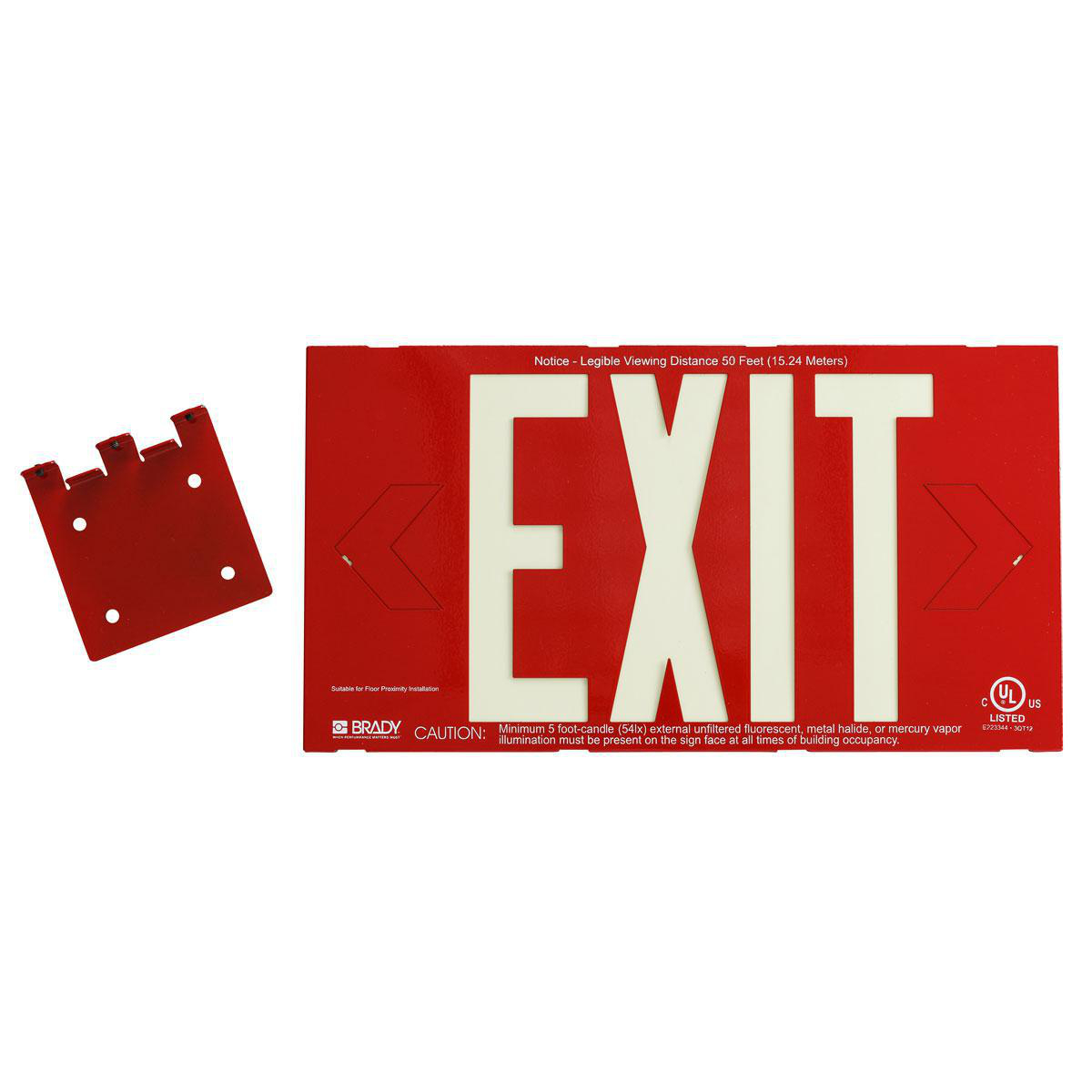 Product image for BradyGlo Exit Sign, 8.25" H x 15.25" W x 0.25" D, w/attached Mounting Brackets, Glow on Red