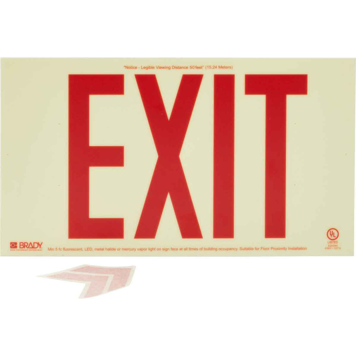 Product image for BradyGlo Exit Sign, 8.5" H x 15" W x 0.063" D, Red on Glow
