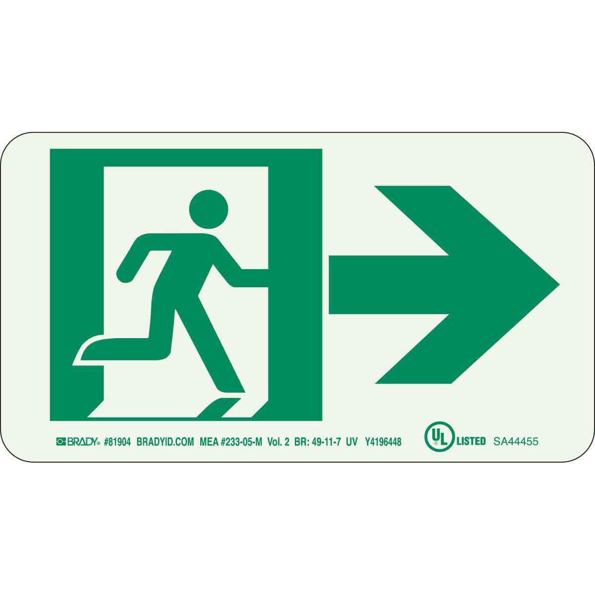 Product image for BradyGlo NYC Approved Exit With Running Man And Right Arrow Sign, 5" H x 9" W x 0.0096" D, Polyester