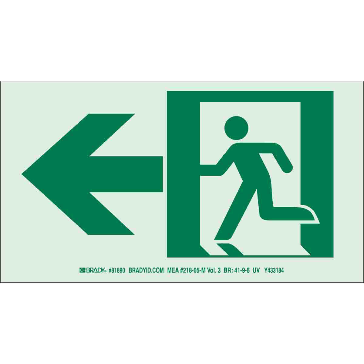 Product image for BradyGlo NYC Approved Exit With Running Man And Left Arrow Sign, 5" H x 9" W x 0.0096" D, Polyester