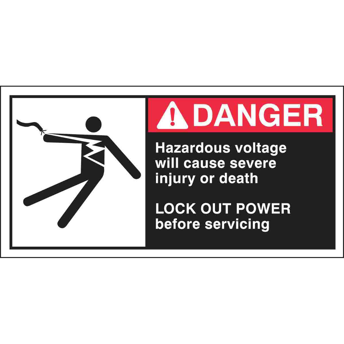 Product image for HAZARDOUS VOLTAGE WILL CAUSE SEVERE INJURY OR DEATH Labels, 2.5" H x 5" W x 0.006" D, Black/Red on White