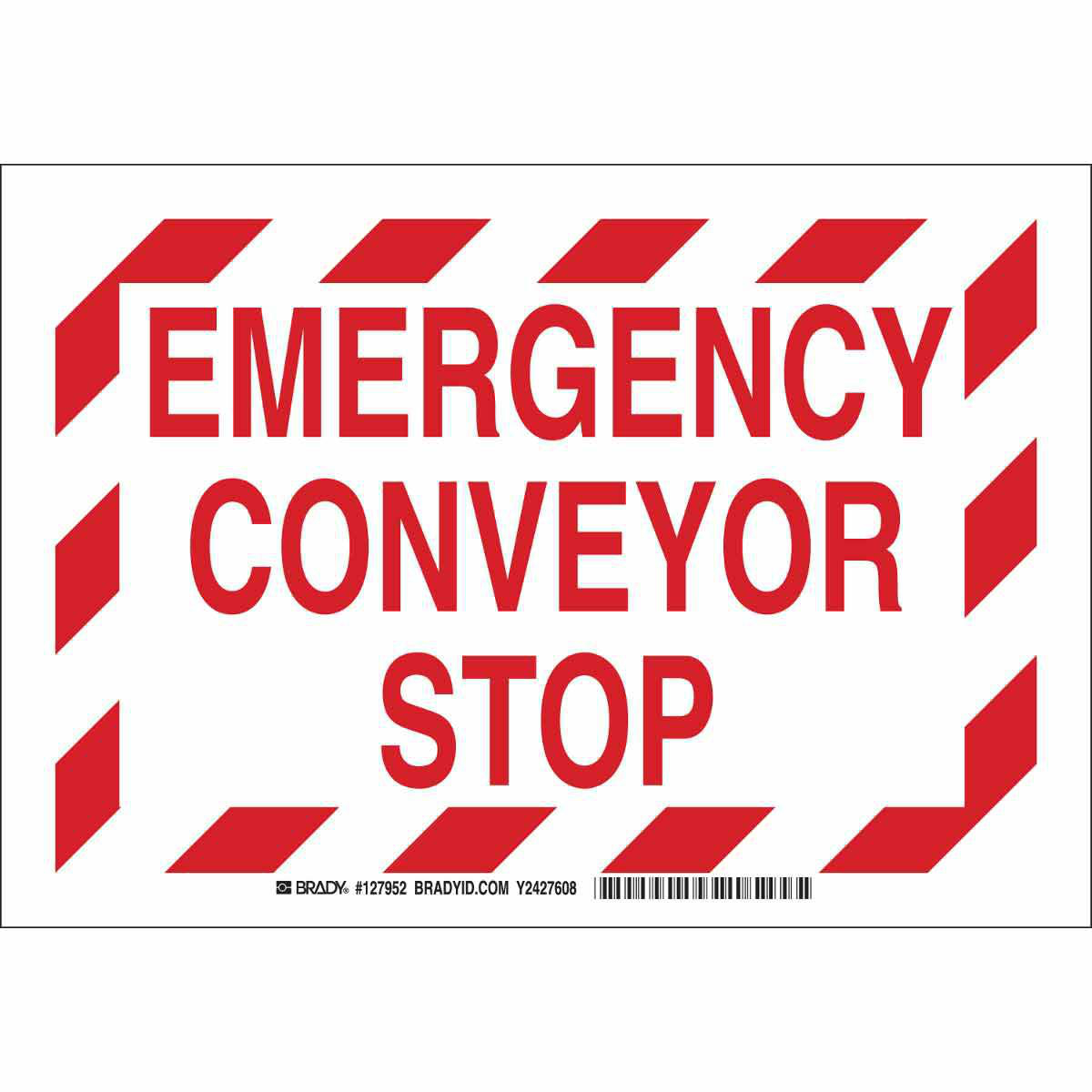 Product image for Emergency Conveyor Stop Sign, 7" H x 10" W x 0.006" D, Polyester