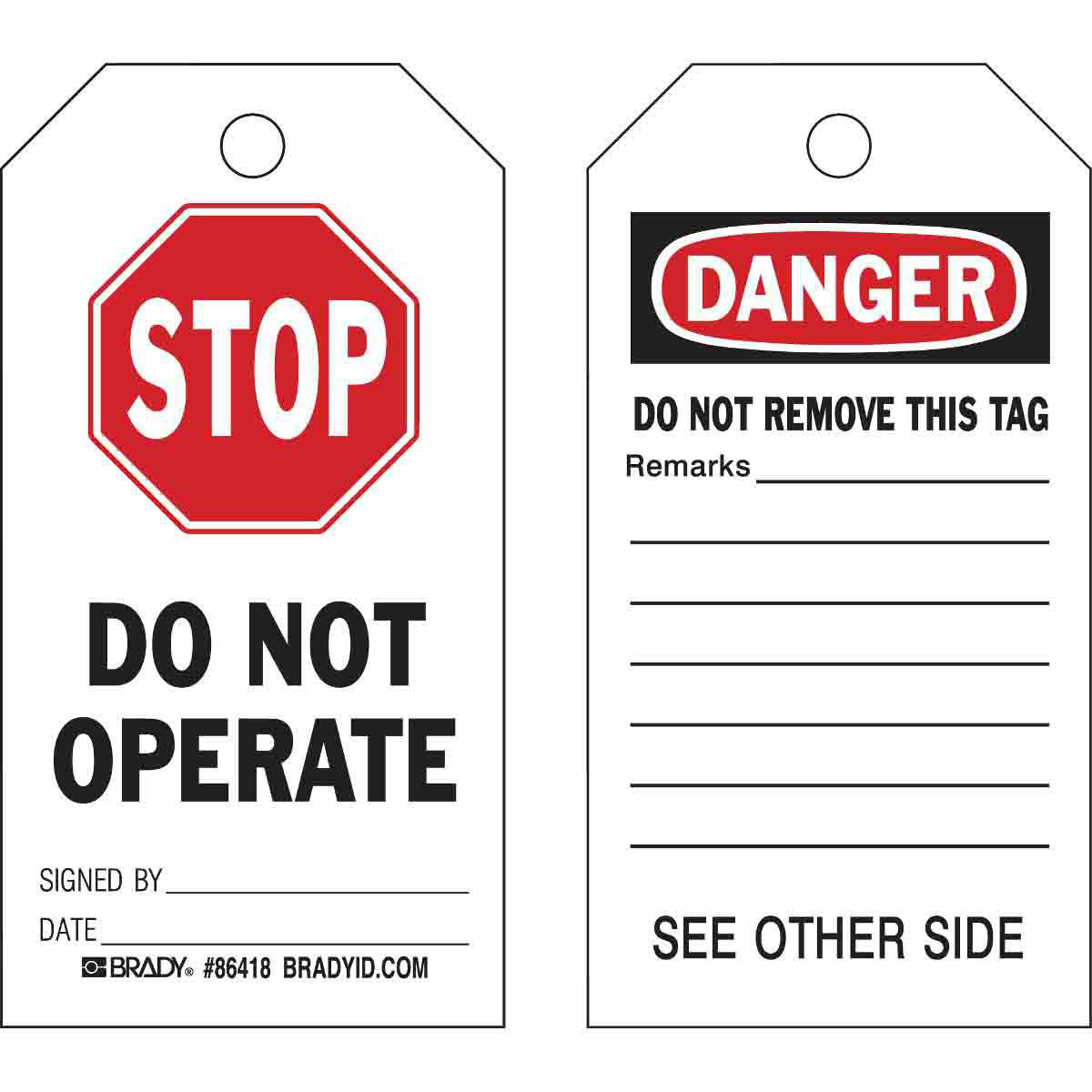 Product image for Accident Prevention Tags: STOP DO NOT OPERATE SIGNED BY: DATE:, 5.75" H x 3" W, Polyester