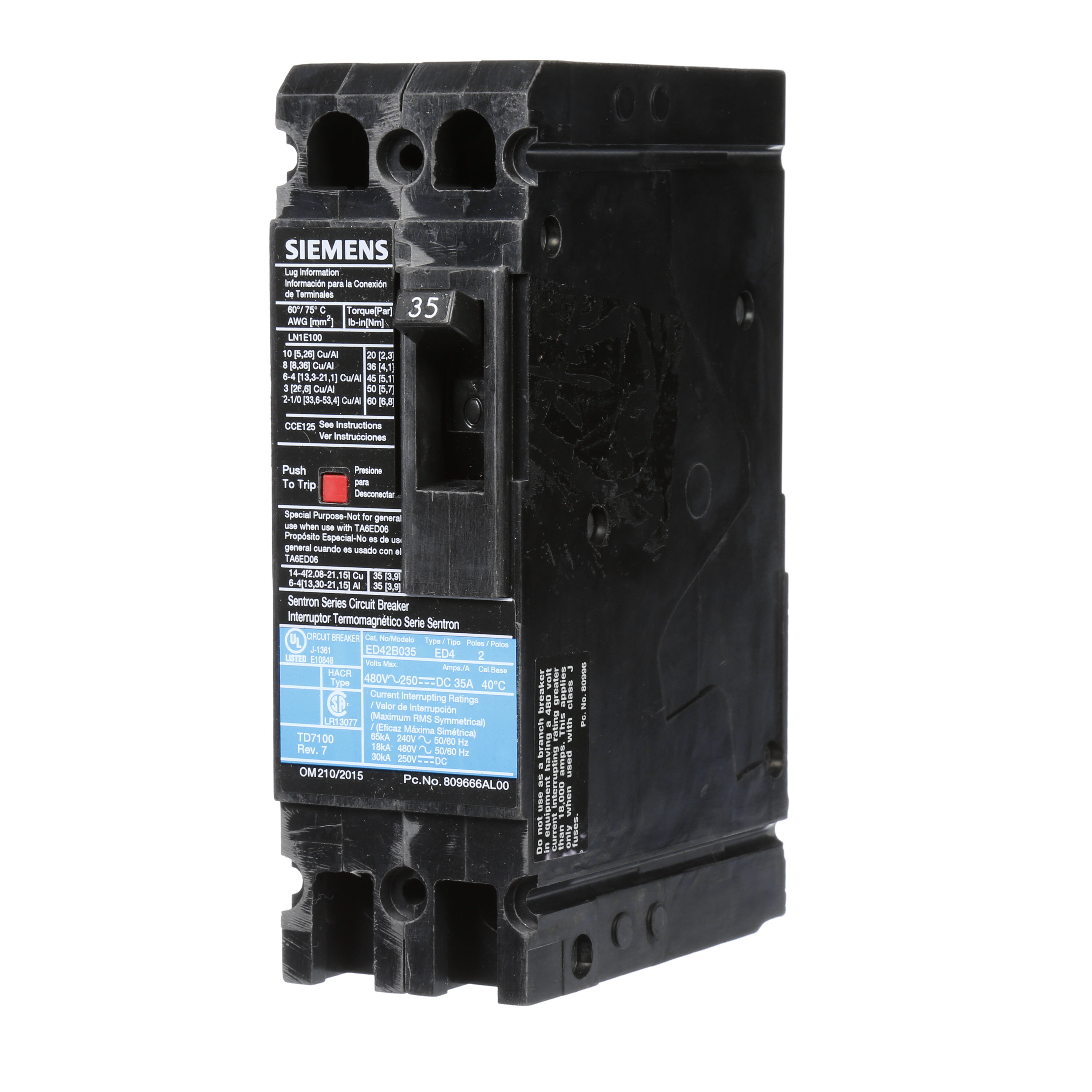 Product image for Breaker Sentron 2P 35A 480V typeED4-18KA