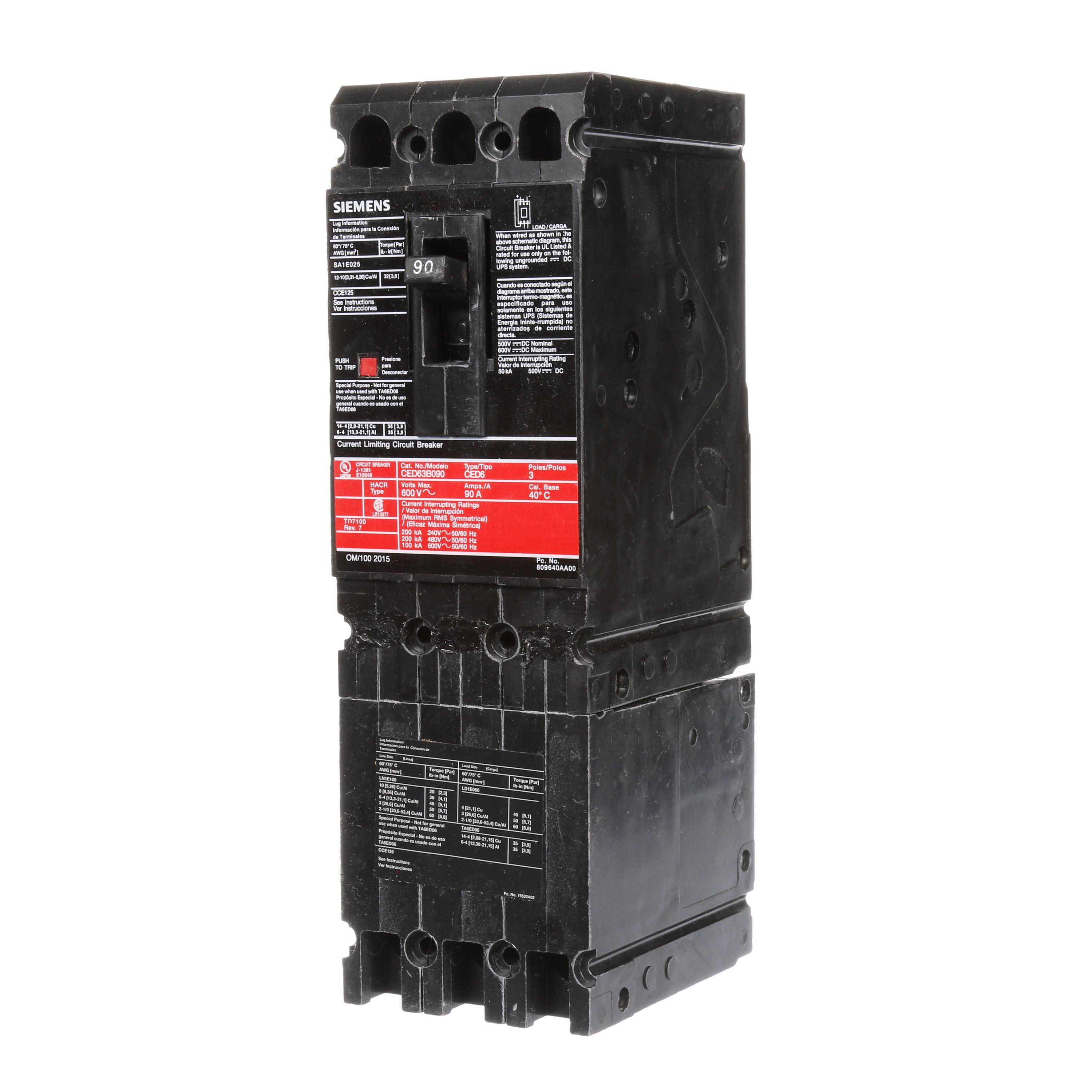 Product image for SIED CED63B090 BREAKER 90A 3P 600V 100KA
