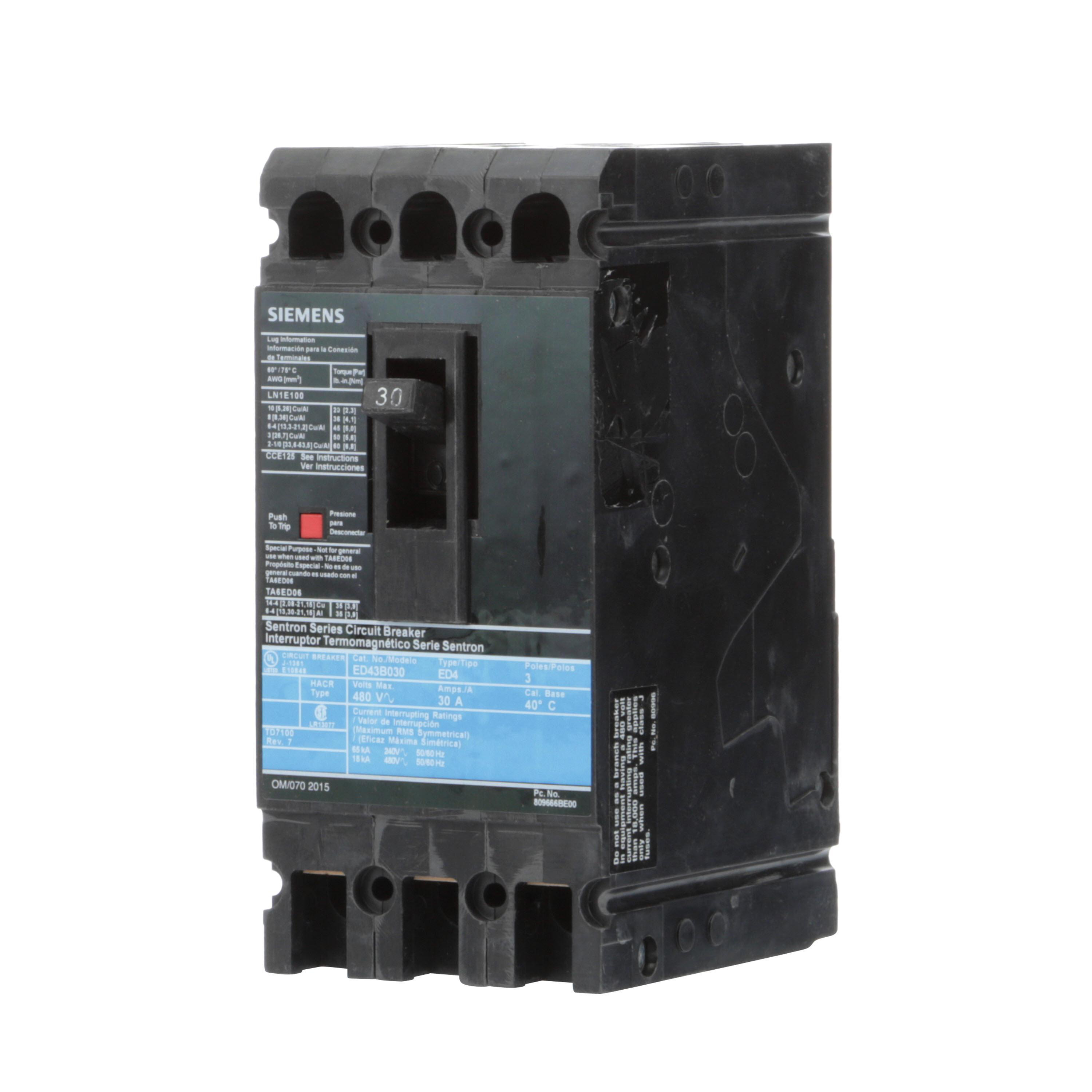 Product image for Breaker Sentron 3P 30A 480V typeED4-18KA-LUGS