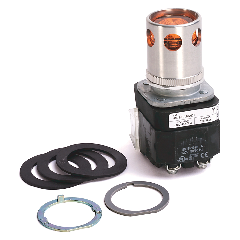 Product image for ABRA 800T-PA16AD1 PUSHBUTTON 30.5MM 120V TRANSFORMER TYPE EXTENDED HEAD W GUARD AMBER LENS