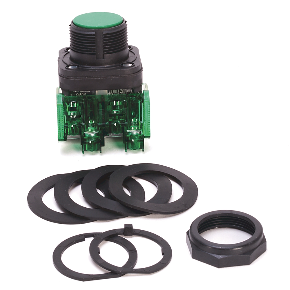 Product image for Operator pushbutton 1NO standard flush head finger safe guards green