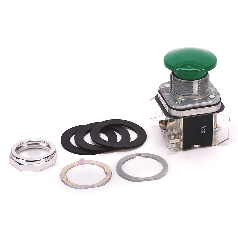 Product image for Pushbutton momentary 2NO mushroom head green
