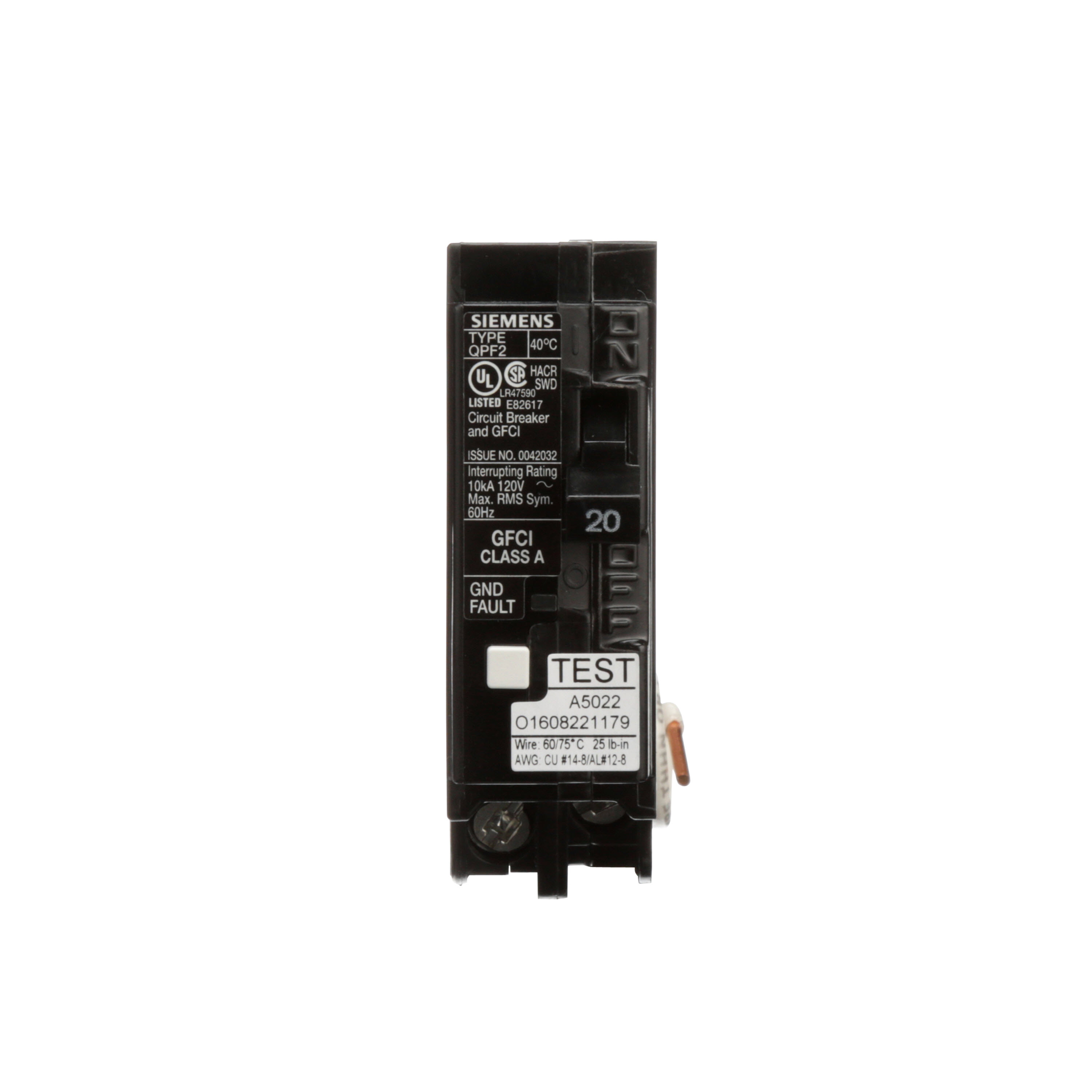 Product image for Cicuit breaker plug-in GFCI 1-Pole 120VAC 22kA 20A