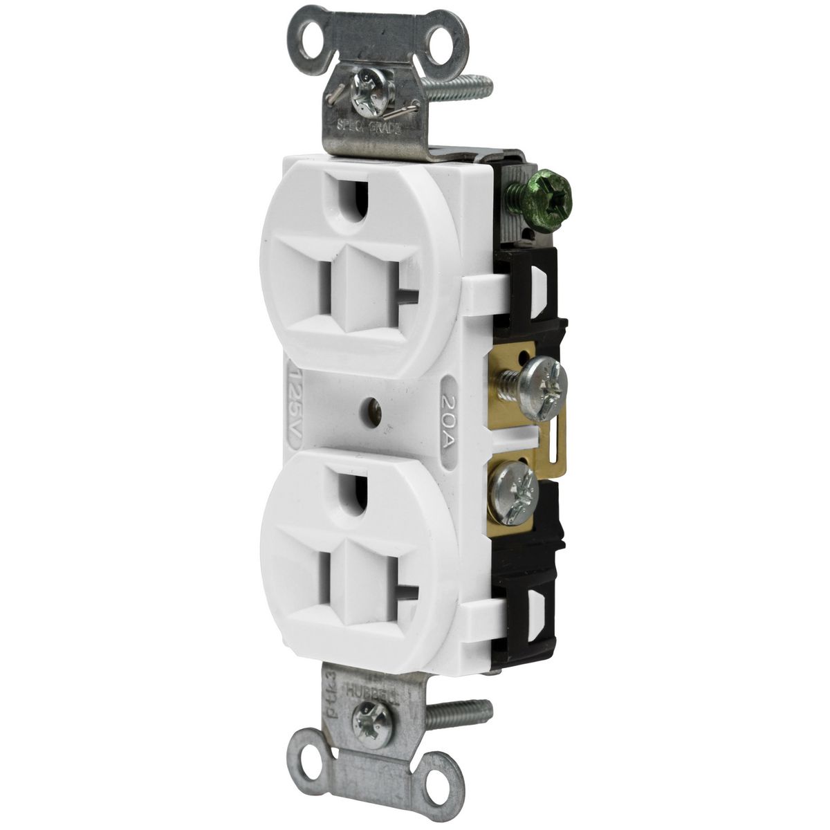 Product image for Straight Blade Devices, Receptacles, Duplex, Commercial/Industrial Grade, 2-Pole 3-Wire Grounding, 20A 125V, 5-20R, White